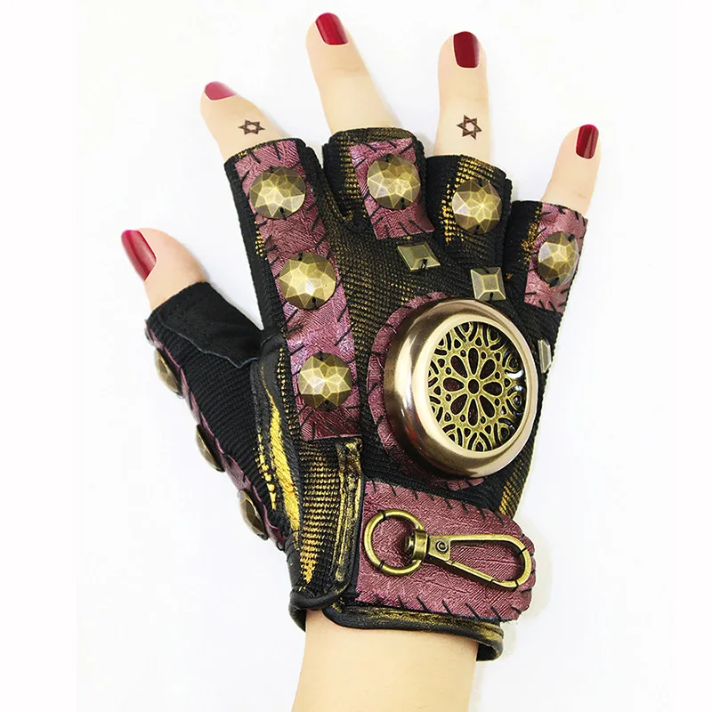 

Pink Leather & Gold Rivets Metal Decoration Half Finger Rock Gothic Gloves Halloween Cosplay Vintage Steampunk Accessories Women