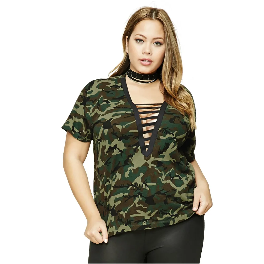 

Plus Size Hollow Out Patchwork Camouflage T-shirts Women Loose Casual Female Big Large Size Lady Clothing Tops 6XL 7XL