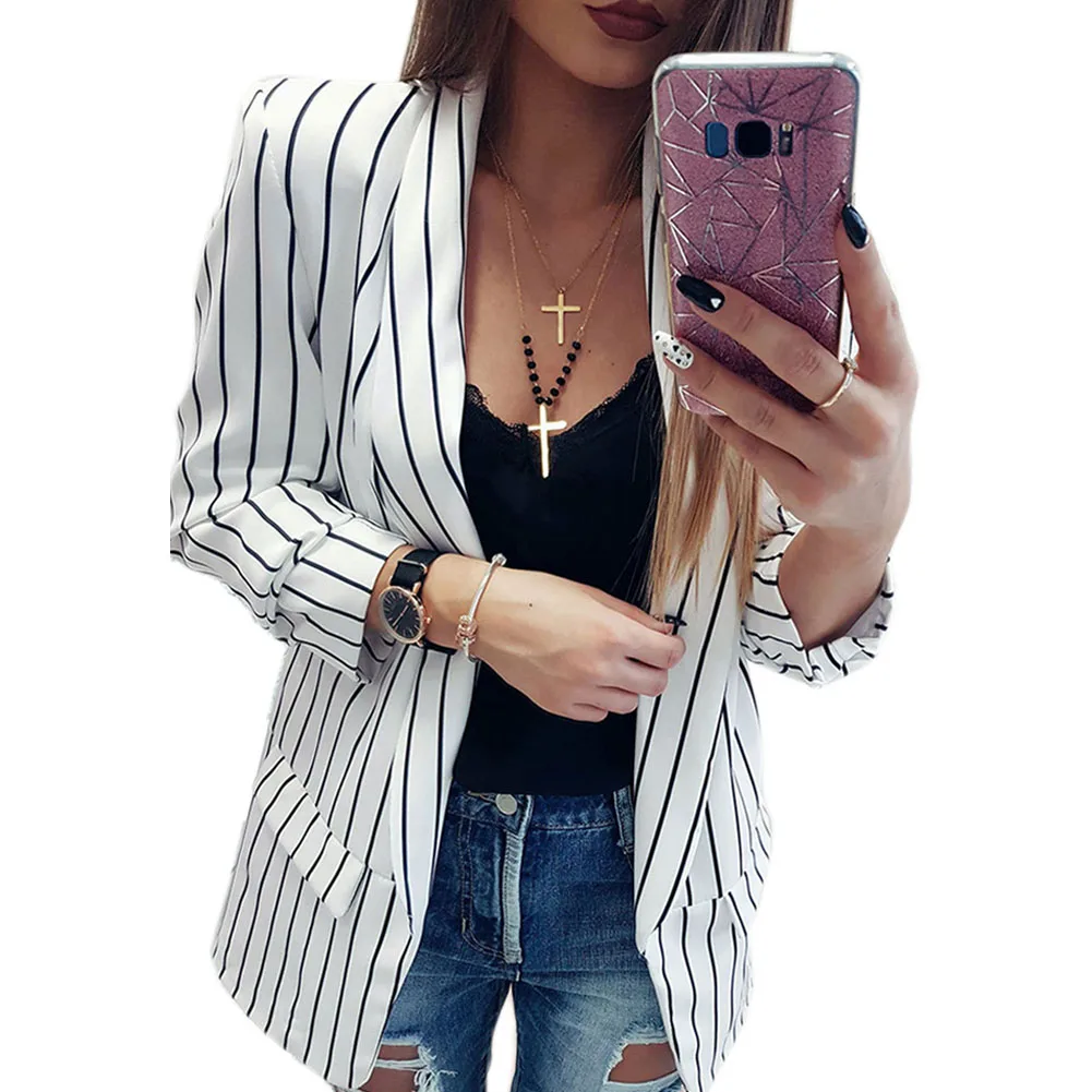 

Women Casual Striped Cardigan Jackets 2019 New Fashion Ladies Simple Business Long Sleeve Loose Blazer Female Clothing