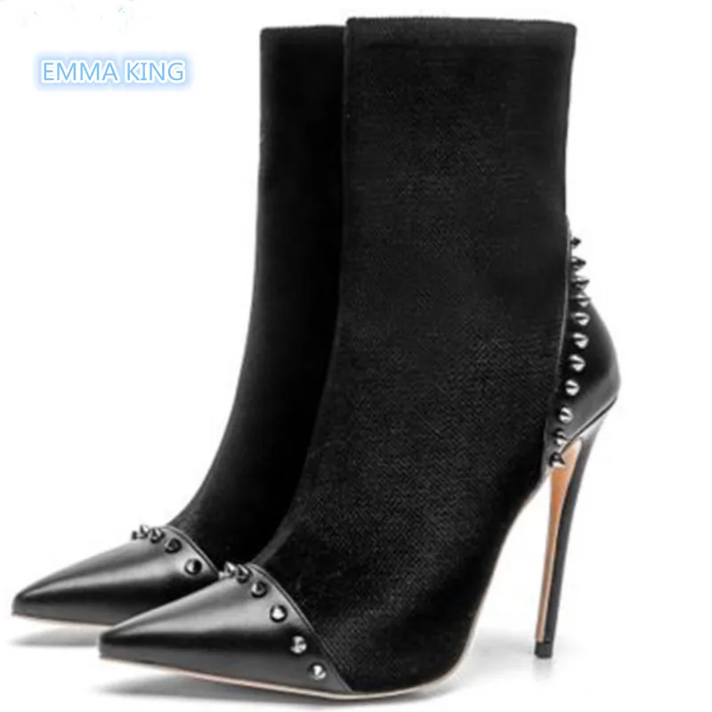 

EMMA KING Solid Black High Heels Ankle Boots Women Stilettos Pointed Toe Side Zipper Tacones Botines Mujer Rivers Ladies Shoes