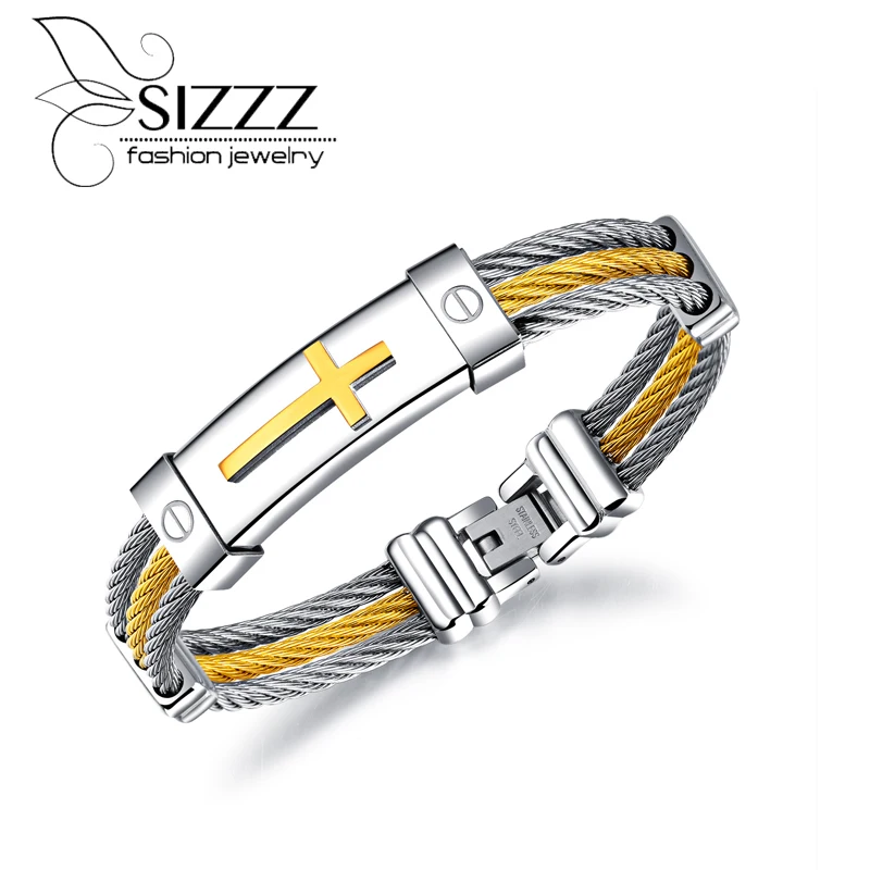

SIZZZ 2017 Fashion Titanium steel bracelet three rows of steel braided cross bracelet&bangles for men