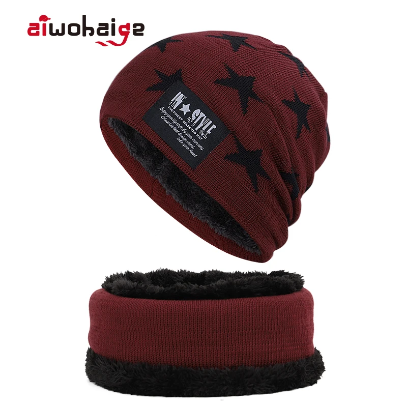 2019 New Winter Pentagram Knit Hat Scarf 2 Pieces Set Women Men Lined With Velvet Thick Hat Scarves Warm Soft Cap Bonnet Unisex photo