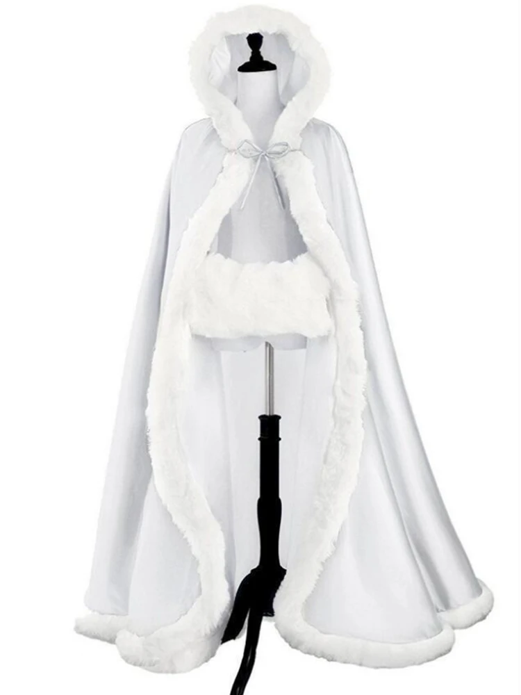 Свадебный плащ Зимний с капюшоном из искусственного меха отделка атласная Свадебная шаль накидка Свадебные Длинные вечерние свадебные накидки для невесты - Цвет: Белый
