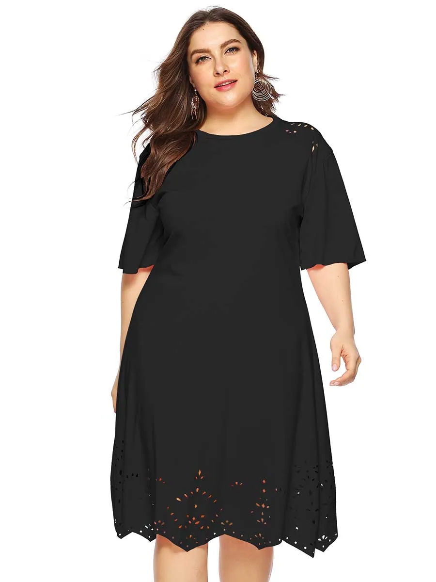 

New Women Plus Size dress Loose Round Neck Hollow-out Half Sleeve Wavy Edge Dress elegant retro knee office work dresses ladies
