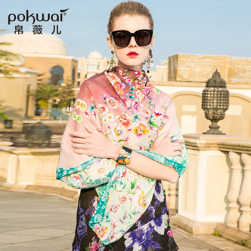 

POKWAI 100% Silk Floral Women Scarf 2018 High Fashion 140cm*140cm Print Scarves Shawl