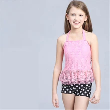 Купальный костюм для девочек, купальный костюм бикини, 2 предмета, детские купальные костюмы, очаровательный костюмчик в горошек с кружевным верхом
