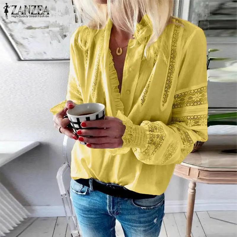 ZANZEA زائد حجم النساء بلوزة طويلة الأكمام الدانتيل جوفاء قمم 2019 الصيف السيدات عارضة الصلبة خليط فضفاض V الرقبة البوهيمي قميص