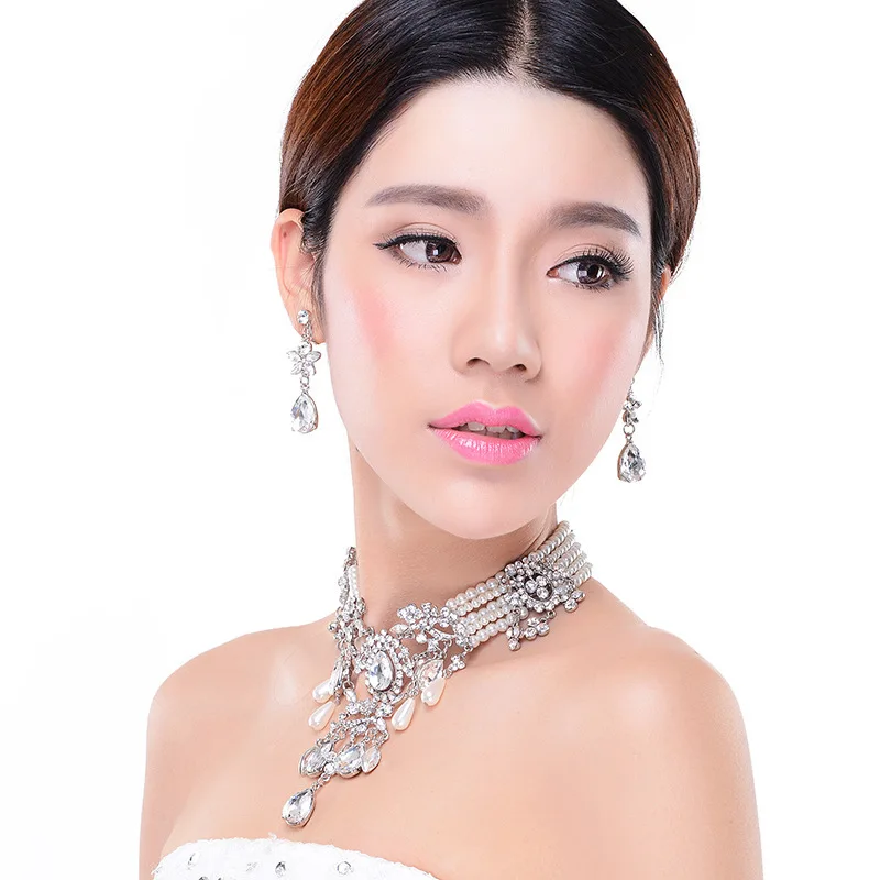

pearl crystal luxury Bridal jewelry sets pearl chocker necklace earrings wedding jewelry sets necklace earrings