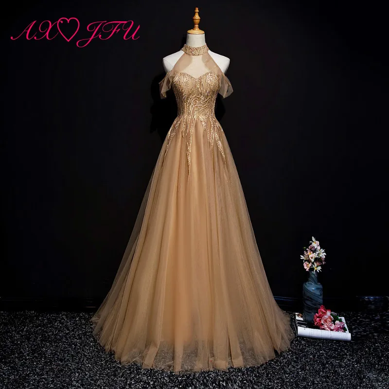 

AXJFU Princess golden lace beading crystal evening dress luxury halter ruffles diamond a line flower lace long evening dress