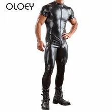 OLOEY men romper leather sexy short sleeves one-piece male romper black mens jumpsuits dj dance costume zip open bobysuits men