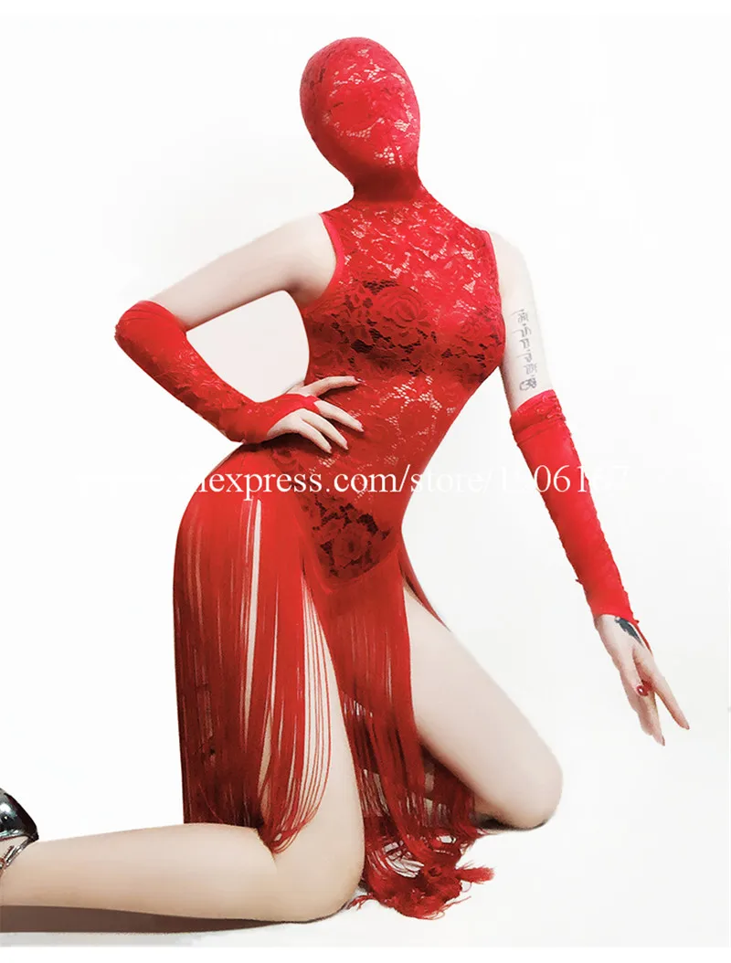 Lace sexy gogo clothing female red Chinese style bar collar dance dress night show ds costume new nightclub01