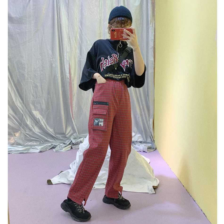 Карман на молнии Винтаж плед свободные прямые Для женщин брюки карго Брюки для девочек штаны уличная одежда в стиле «хип-хоп», модные корейские Harajuku панк Kpop брюк