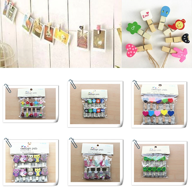 10 pcs/lot Mini Animated cartoon Wooden Clip Paper Craft diy Clips with Photo Hanging Spring Clip message card memo clip