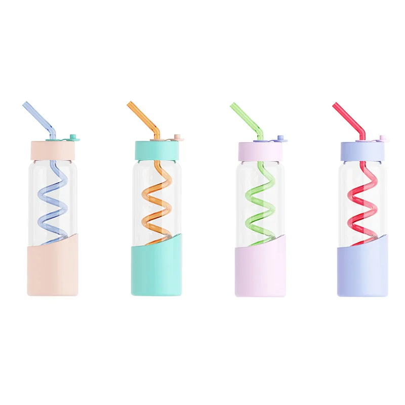 300ml Korean style lemon juice milk bottle twist straw glass bottle