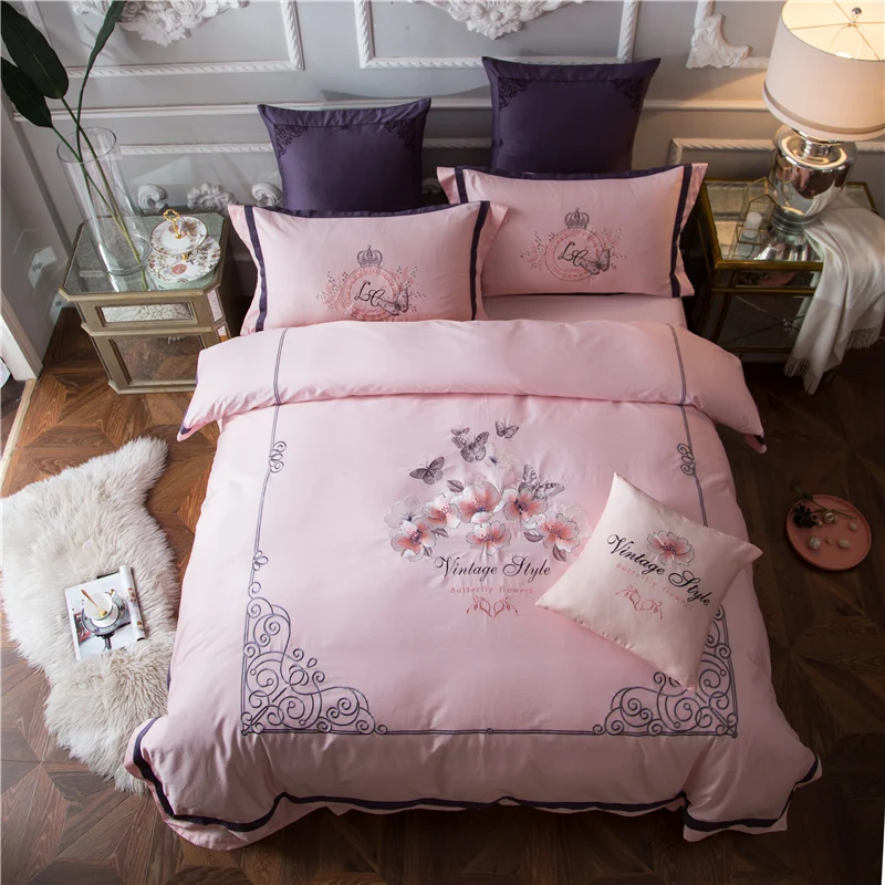 

4/5Pcs luxury Egypt Cotton vintage style butterfly Bedding Set Embroidery Duvet cover set Bed Sheet Pillowcases Queen King Size