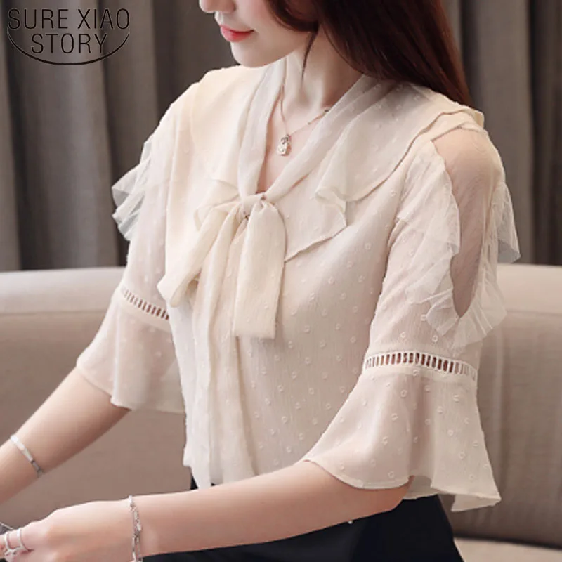 Women's tops and blouse Women's Blouse 2019 white chiffon Women Blouse Shirts Flare Sleeve Plus Size shirts Solid  3414 50