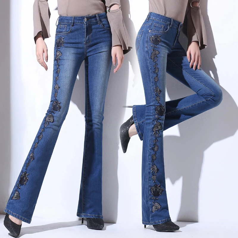 Винтажные джинсы с цветочной вышивкой женские узкие брюки с высокой талией узкие Стрейчевые джинсы расклешенные брюки длинные джинсы