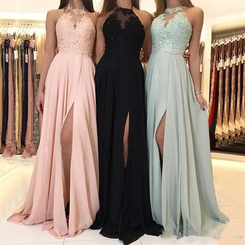 

New Sexy 2019 Bridesmaid Dresses For Weddings Chiffon Lace Appliques Halter Neck Front Split A-Line Floor Length Maid Of Honor