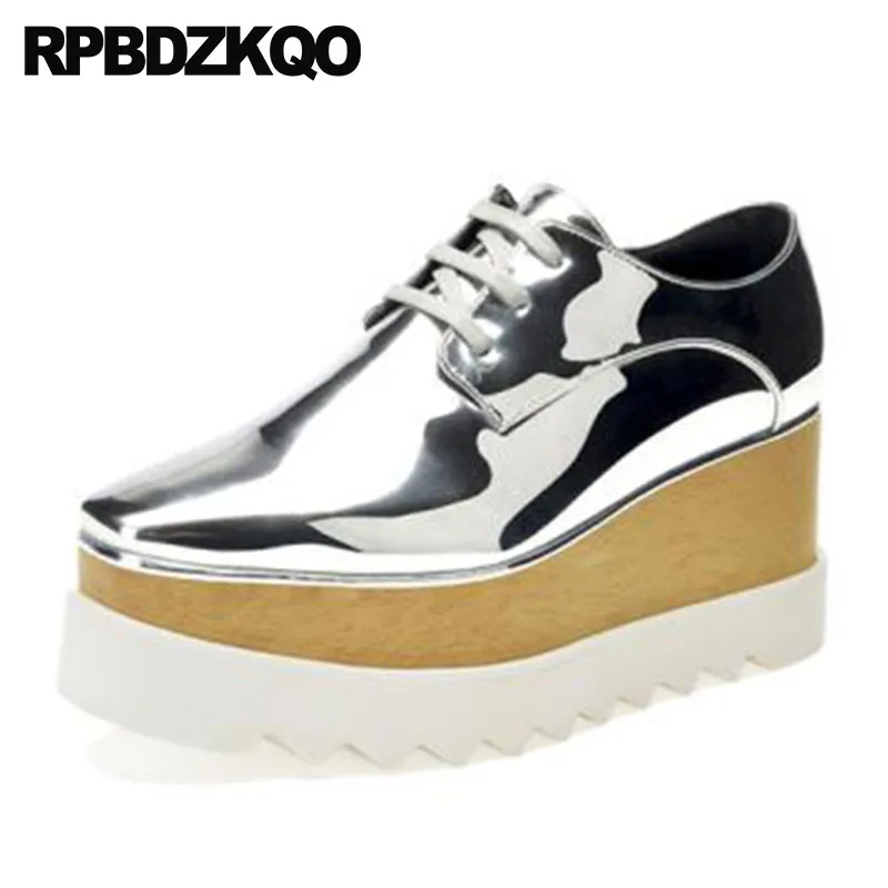 Jeans Creepers Platform Shoes Elevator Metallic Wedge Patent Leather Gold Sneakers Denim Women