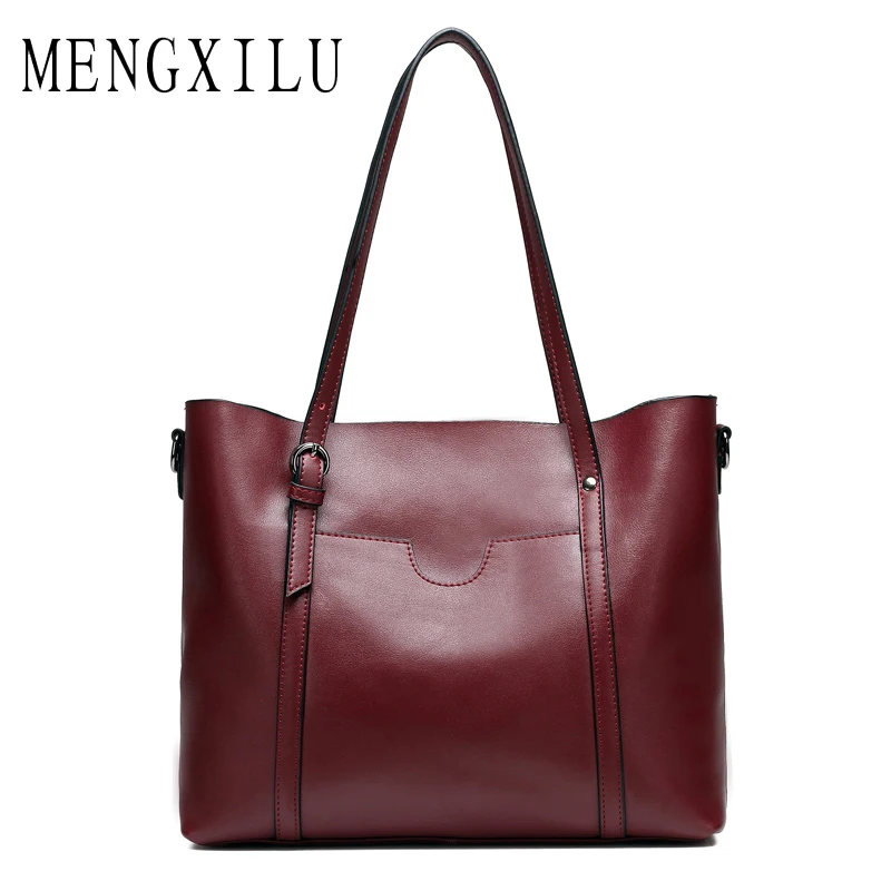 

MENGXILU Fashion Women Handbag Split Leather Women Bag Soft Oil Wax Leather Shoulder Bag Large Capacity Casual Tote Large Bags