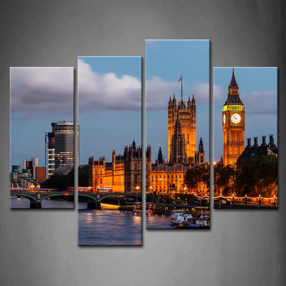 

Framed Wall Art Pictures Big Ben Bridge Boat Light Canvas Print Architecture Posters With Wooden Frames For Room Decor