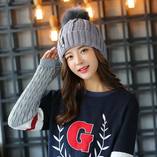 Зимняя Новая Женская Корейская волна B Милая осенне-зимняя модная женская вязанная шерстяная шапка шлем - Цвет: Серый