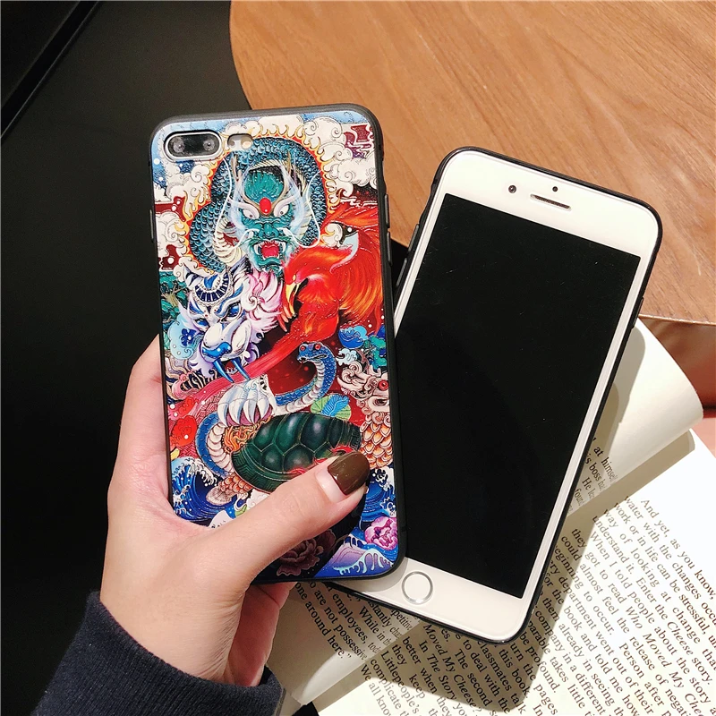 3D тисненый рисунок в китайском стиле, чехол с тотемом для iPhone X XS Max XR 8 7 6 6s Plus, мягкий силиконовый чехол