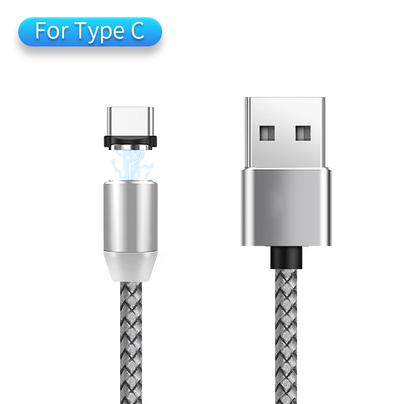 Hadinas зарядный Магнитный кабель светодиодный Micro usb type C магнитное зарядное устройство, кабель для iPhone X 8 6 7 Xs samsung Xiaomi провод мобильного телефона - Цвет: For Type C Silver