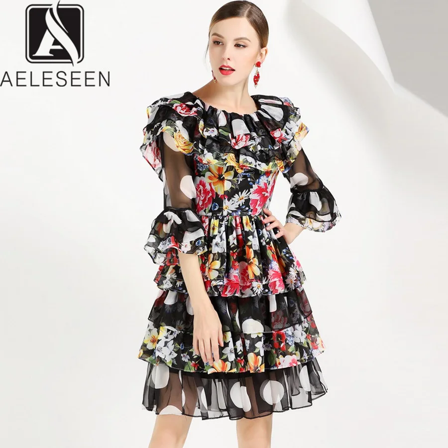 

AELESEEN Dress Women 2019 Summer Half Flare Sleeve Floral Print Ruffles Backless Cascading Romantic Chiffon Ladies Elegant Dress