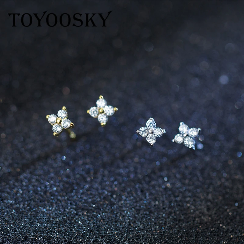 

TOYOOSKY Authentic New 925 Sterling Silver Romantic Flower Clear CZ Stud Earrings for Girls Women Fashion Contracted Jewelry