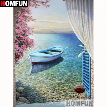 

HOMFUN Full Square/Round Drill 5D DIY Diamond Painting "Sea boat scenery" Embroidery Cross Stitch 5D Home Decor Gift A18284