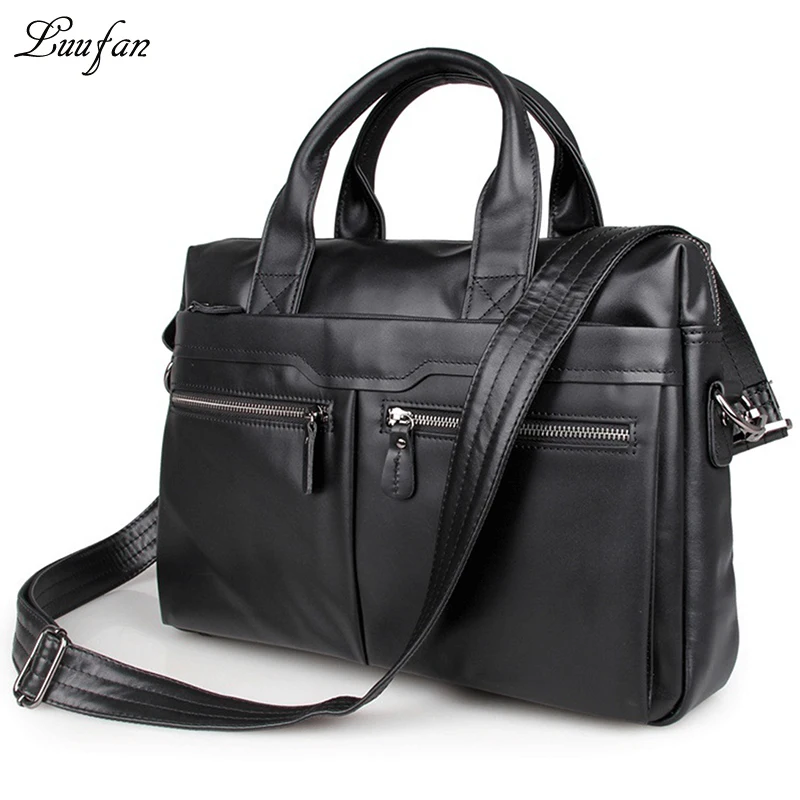 Top glass genuine leather briefcase fit 15 PC Real leather laptop handbag Black cowhide business bag 2 way Brown shoulder bag