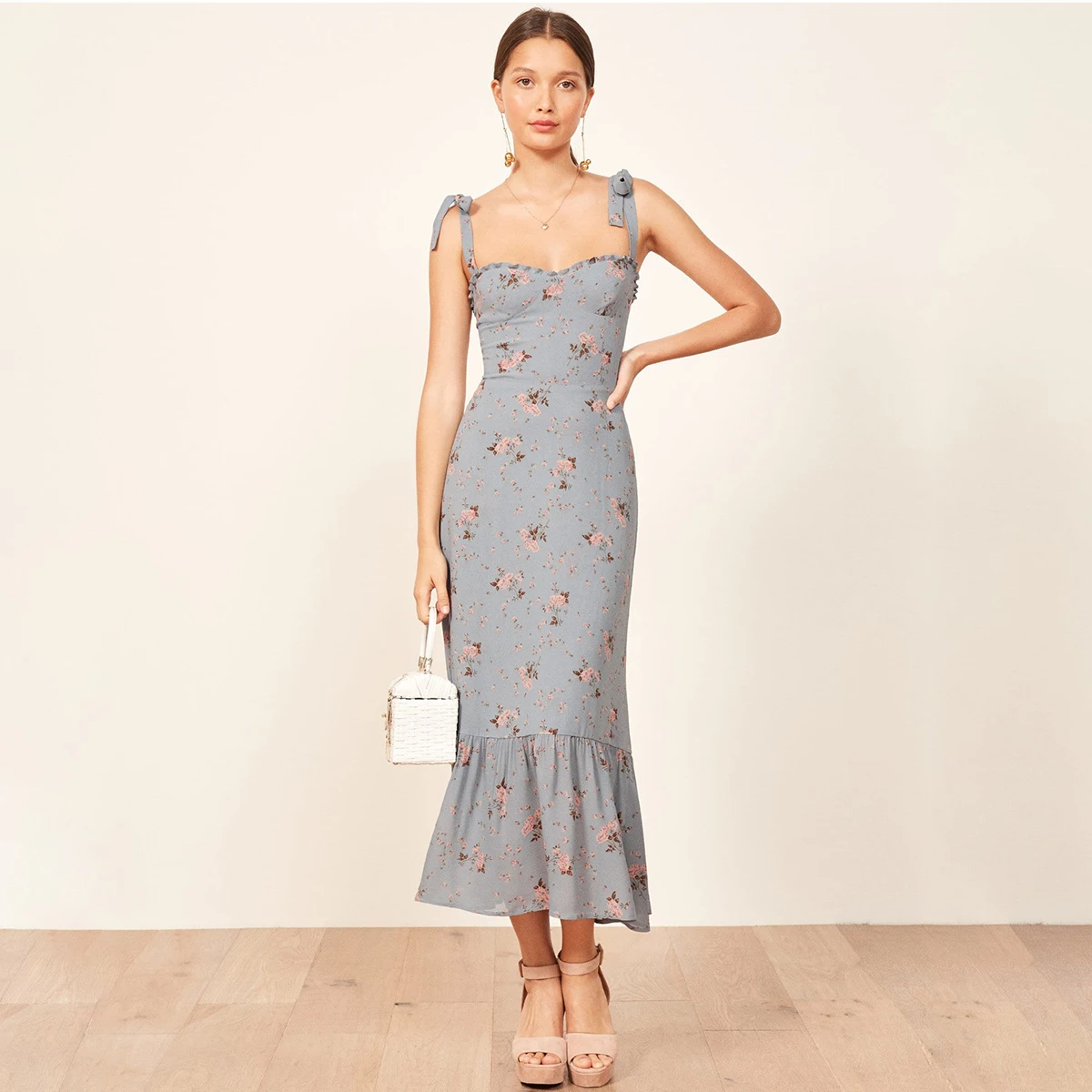 Nikita Blue Chic Midi Dress Women Summer Sleeveless Strapless Ruffles Sexy Dresses 2019 Vintage Elegant Floral Printed Dress