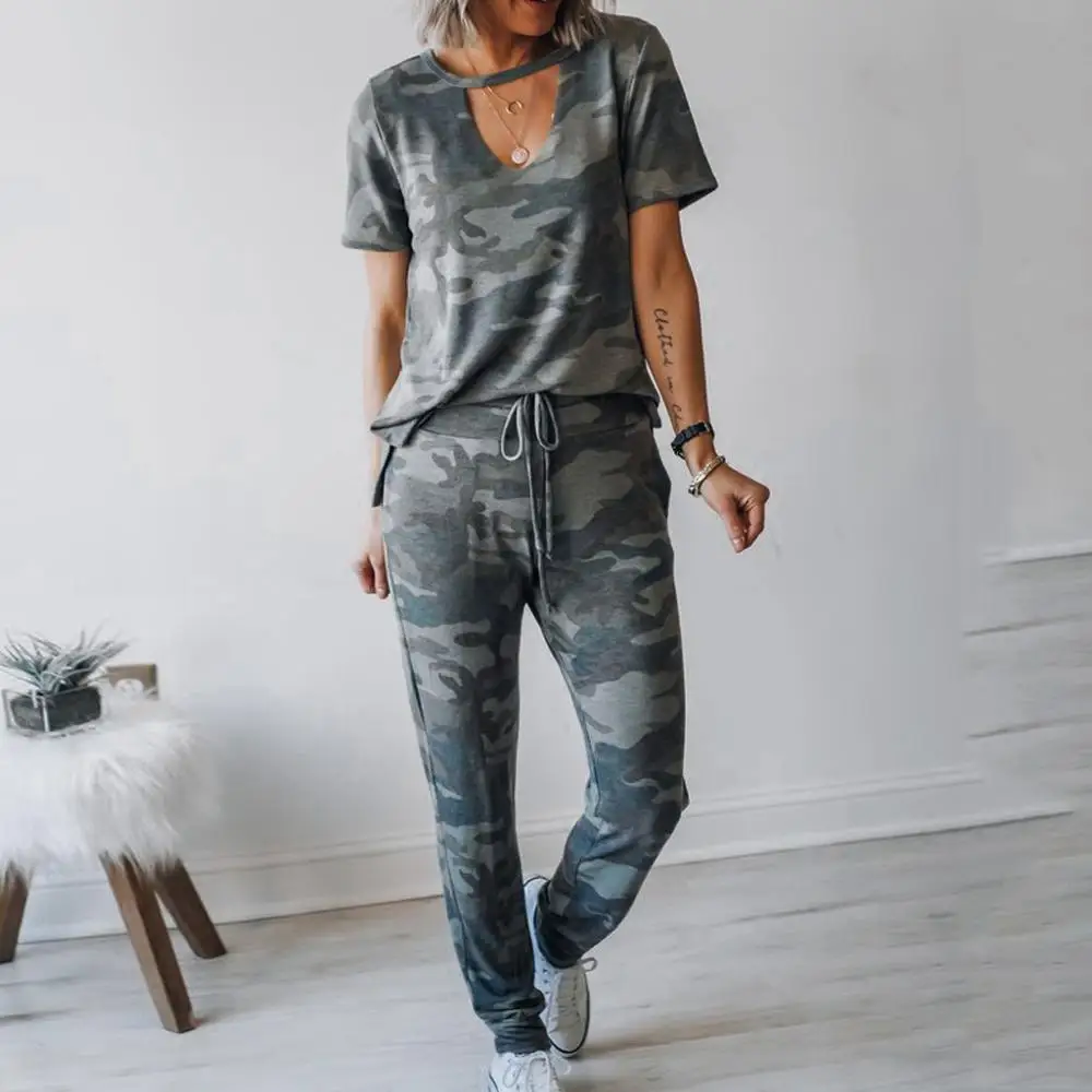 

Sexy Two Piece Set Women Camouflage Tracksuits Set Lounge Wear Ladies V-Neck Top Suit Pant Tops Mujer Verano 2019 #2J05