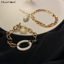 HUANZHI, новинка, Корейская натуральная оболочка, круглый замок, три разных металлических цепи, дизайн, ювелирный браслет для женщин, девушек, пляжный праздник