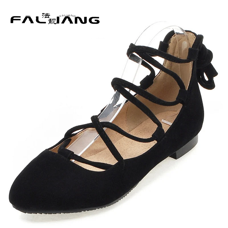 

Spring Autumn plus size 11 12 Fashion Flock Ballet Flats Cross-tied Pointed Toe Hand sewn Non-slip thick high flat shoes