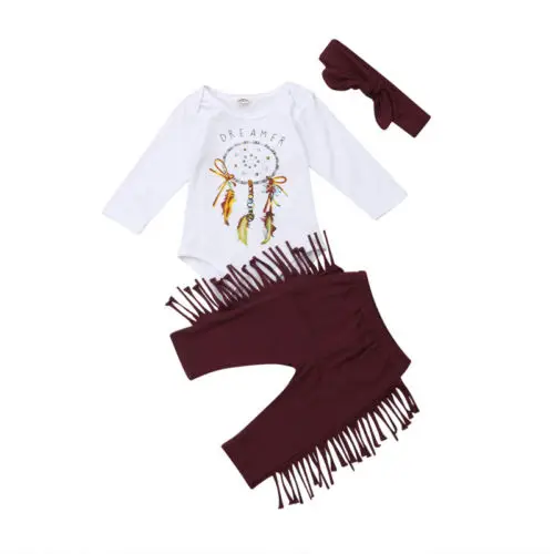 

3PCS Newborn Baby Girl Winter Clothes Set Bodysuit Long Sleeve Tops Tassel Pants Leggings Headband Casual Outfits 0-18M