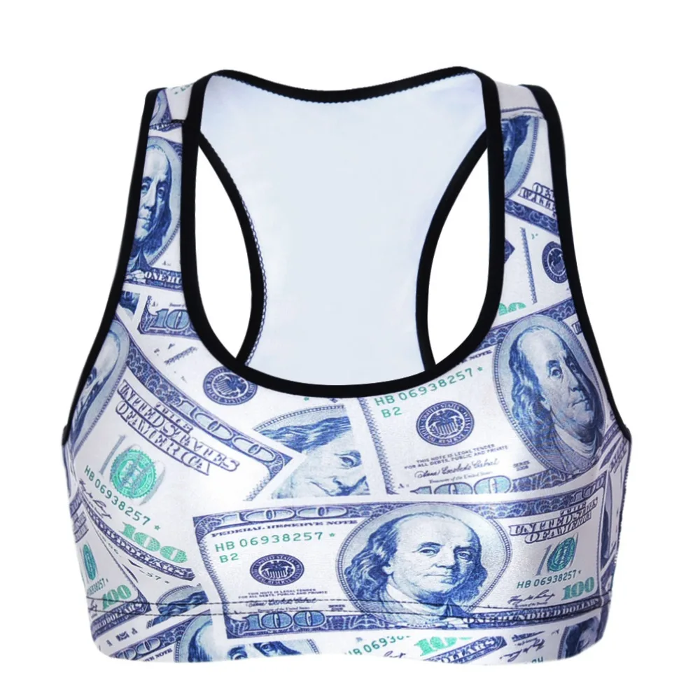 

New Active America Flag Printed Fitness Sport Tops Women Dollars Printed Breathable Running Crop Tops With Pad 3 Patterns