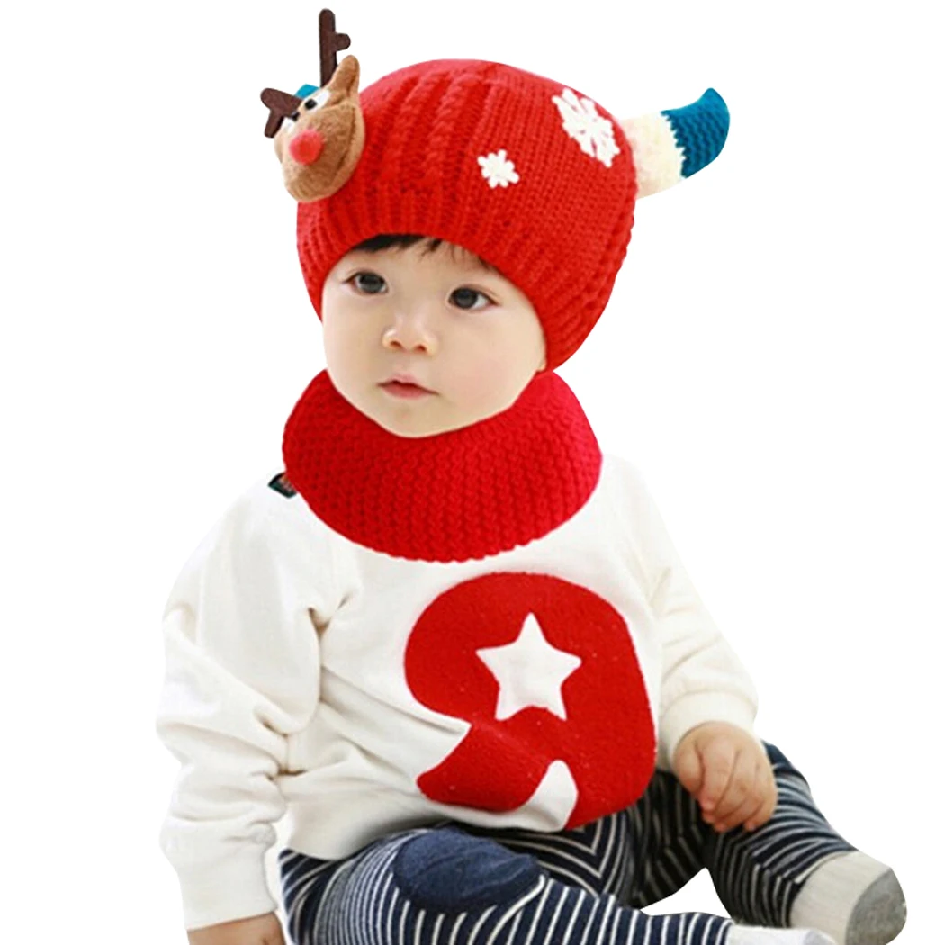 Зимние теплые трикотажные Бесконечность шарф и Шапка-бини с плюшевой подкладкой для 6-36 месяцев Дети малышей Дети - Цвет: Red