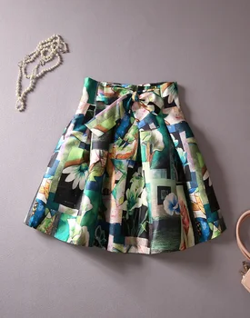

Europe and America 2017 new women printing bow-knot a-line high waist skirt summer skirt sweet England style Vintage