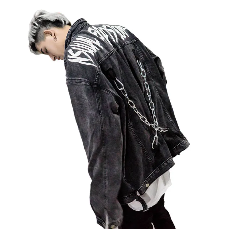 Осень уличный стиль брендовая мужская джинсовая куртка декоративная металлическая цепь хип хоп граффити буквы ковбой пальто винтажная верхняя одежда - Цвет: Black