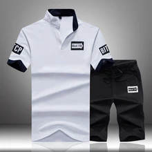 Мужские повседневные футболки, летняя облегающая Мужская спортивная одежда, одноцветная футболка+ шорты, набор мужских футболок со стоячим воротником и буквенным принтом, новинка