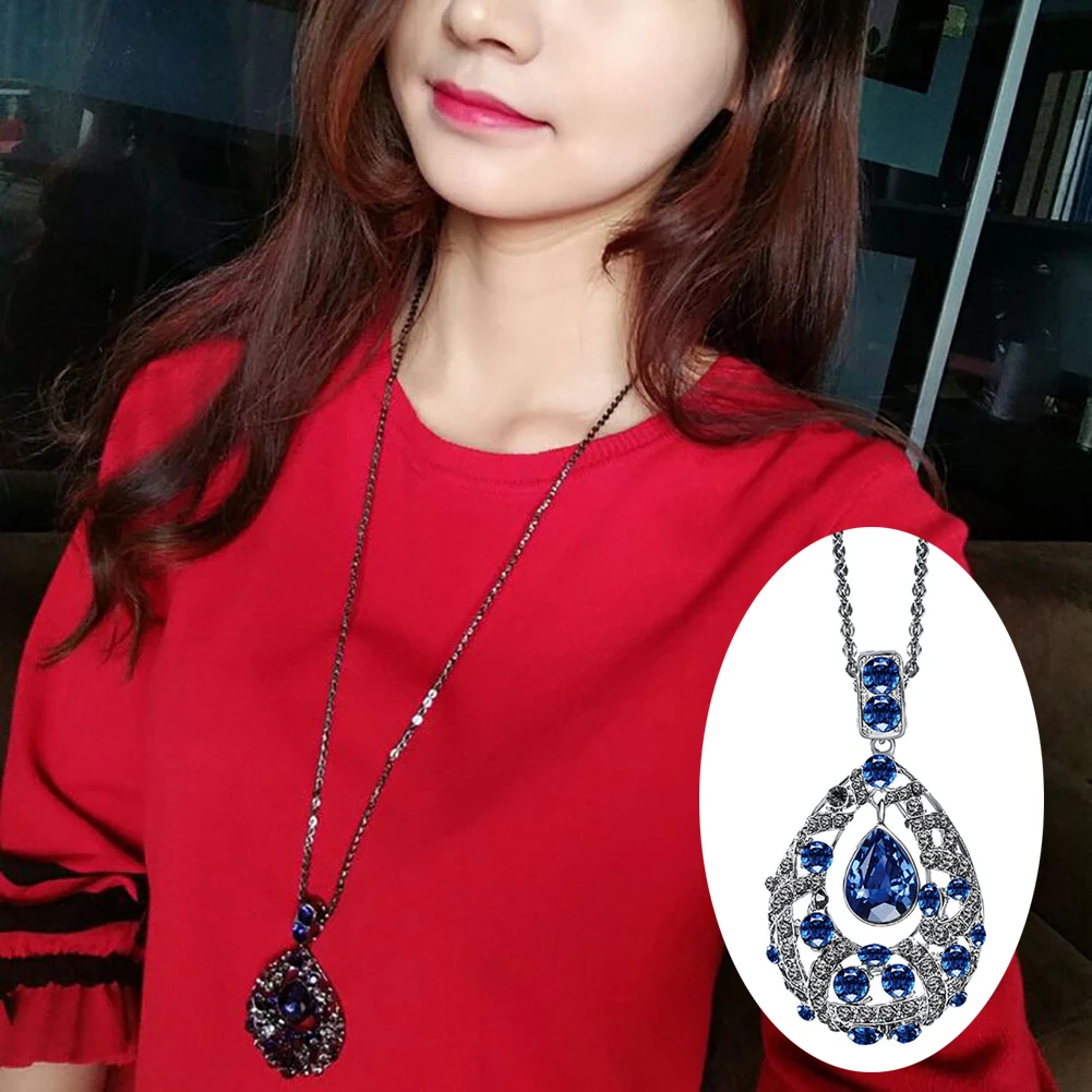 

Fashion Women Rhinestone Water-Drop Long Pendant Necklace Sweater Chain Decor