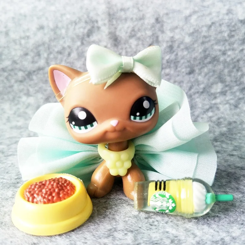 

Pet Shop Short Hair Cat #1170 Brown Swirl Kitty Toy Transparent neck RED magnet with Accessories Figures Best Gift for Kids