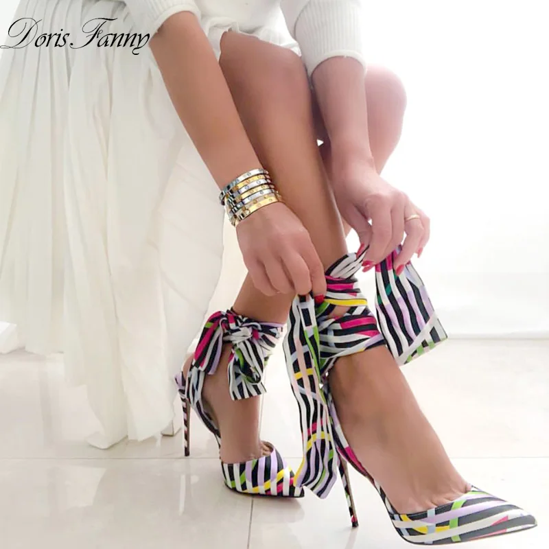 Doris Fanny 2019 New Arrival Summer ladies high heels printed Ankle strap Silk Women Heels Wedding Party Shoes
