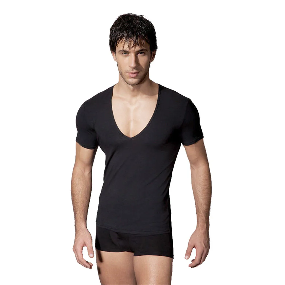 

Sexy Deep V-Neck T-Shirts Men Silm Fit Casual Fitness Tees Tops Tshirt Men Solid Color Blue Black Male T-shirt Cotton Streetwear