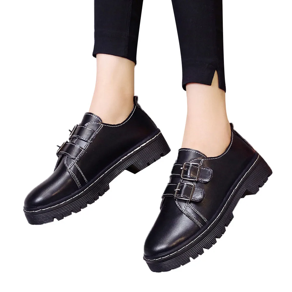 

YOUYEDIAN 2019 black Womens Round Toe Single Shoes Martin Boots Belt Buckle Black Leather Shoes scarpe donna estive comode #G25