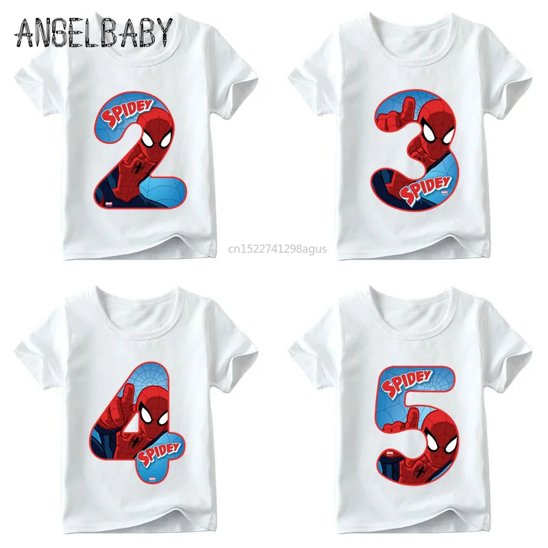 Garçons et filles Spiderman Avengers lettre nœud imprimé T shirt bébé dessin animé T-shirt, enfants numéro 1-9 anniversaire présent vêtements, HKP2429