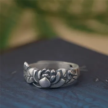 

BESTLYBUY 100% 990 Sterling Silver Lotus Flower Rings For Women Vintage Style Lady High Quality Jewelry Free Shipping