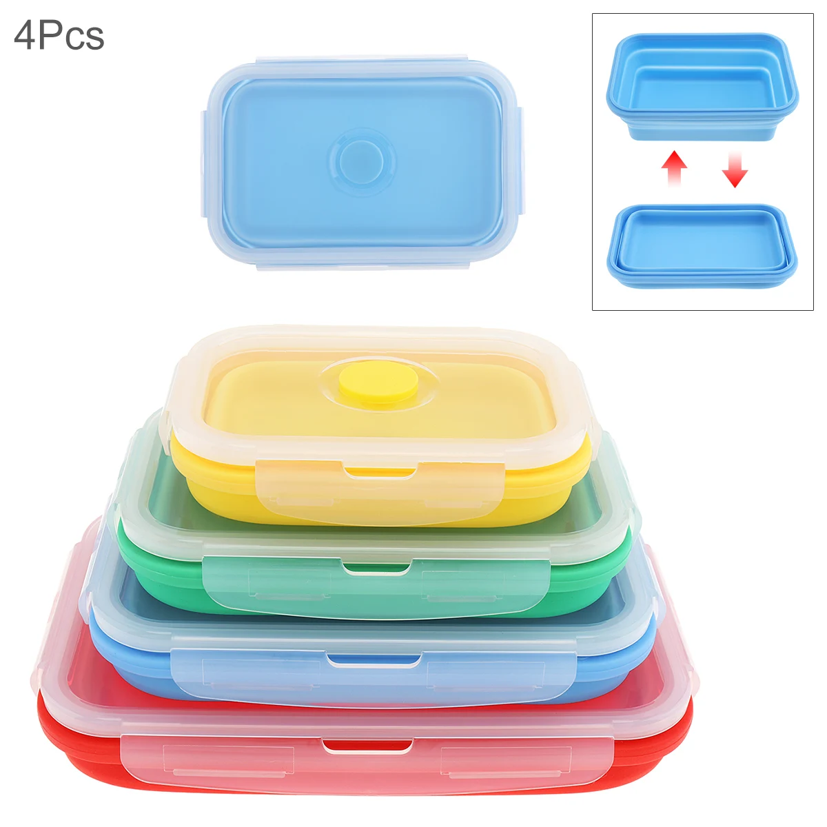 

4pcs/set 350 / 500 / 800 / 1200 ML Portable Rectangle Collapsible Silicone Scalable Folding Lunchbox Bento Box with Sealing Plug